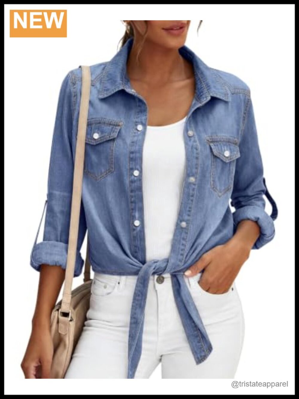 Womens Denim Button Down Shirt Long Sleeve Tie Knot Crop Top Jacket
